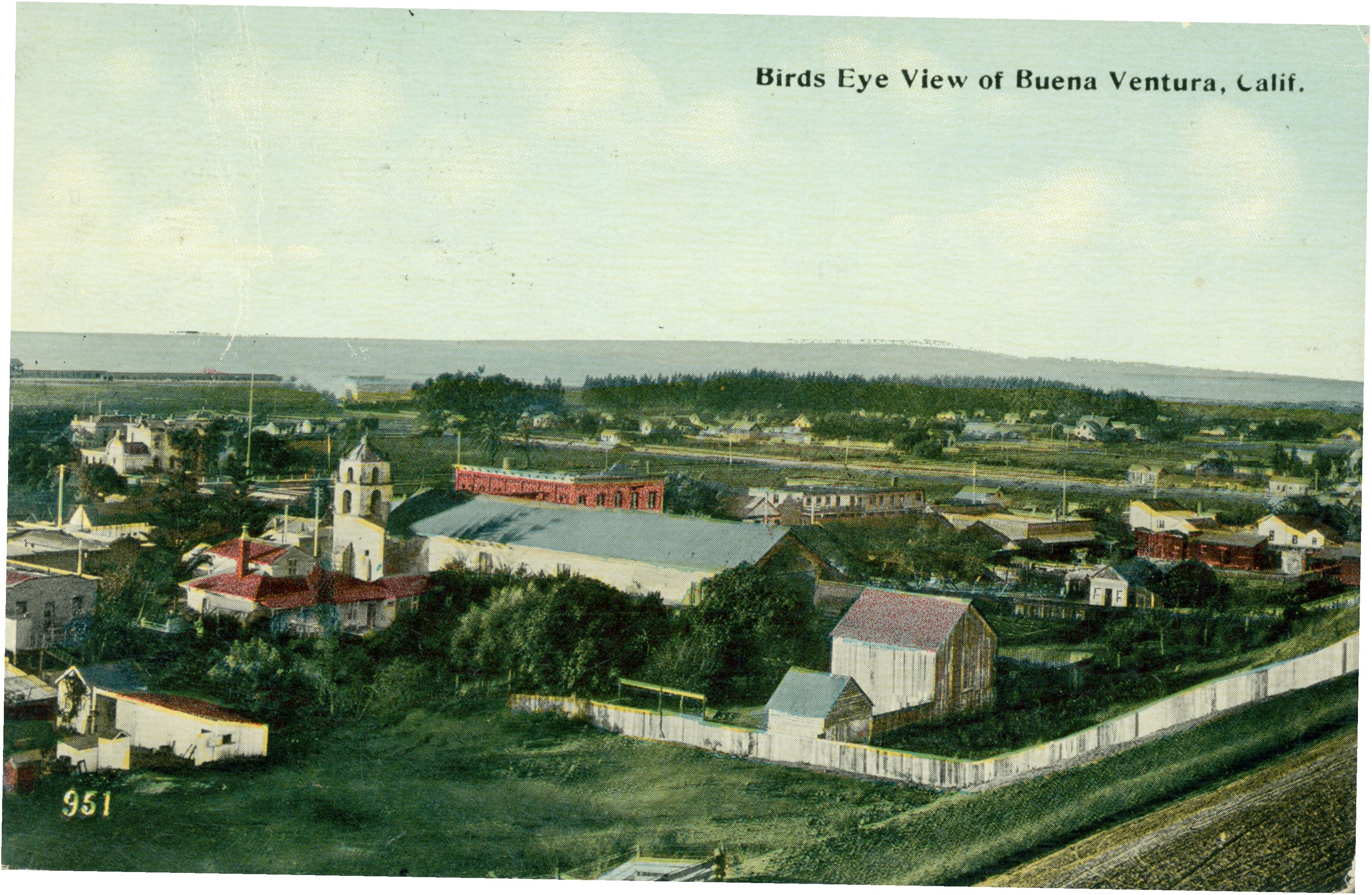 Shows a bird's eye view of the Buenaventura mission with the ocean in the background
